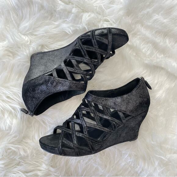 Eileen Fisher | Women’s Black Metallic Silver Fara Cage Open Toe Wedge Sandals 9 - Picture 3 of 9